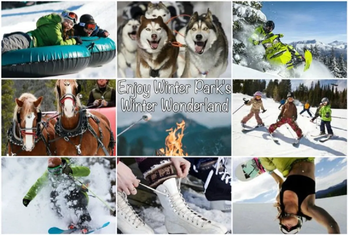 A lively winter scene featuring families and children enjoying a variety of snow activities including tubing, dog sledding, snowboarding, skiing, horse-drawn sleigh rides, and ice skating. The backdrop includes snow-covered ground, a glowing fire pit, and playful moments in the snow.
