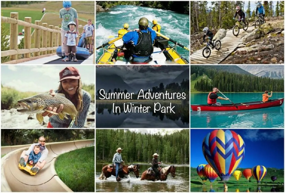 A vibrant outdoor scene with families partaking in summertime adventures—whitewater rafting on a river, mountain biking, fishing, horseback riding, and hot air ballooning. The landscape includes scenic mountains and rivers, with children laughing and playing on a slide.